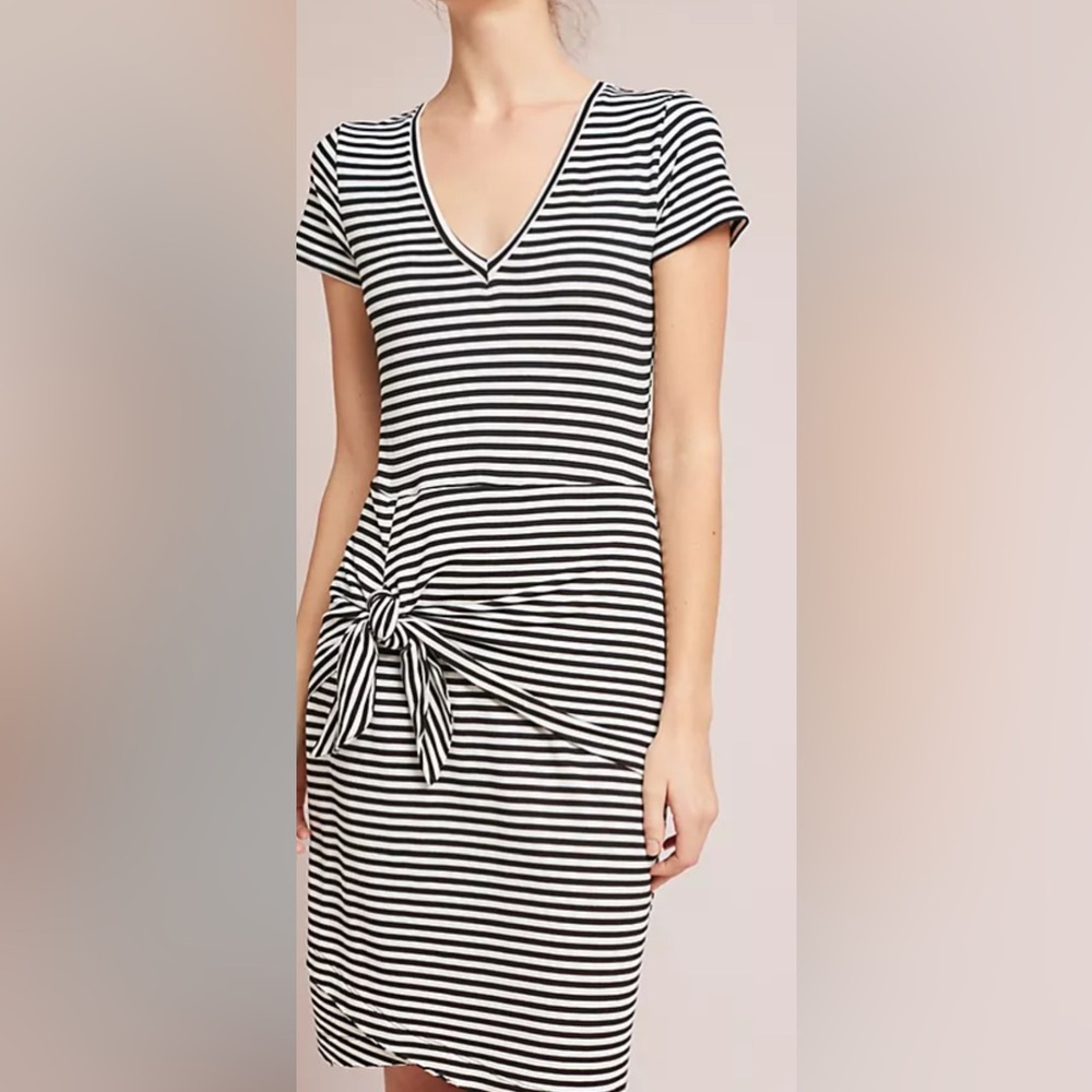 Anthropologie Dolan Stripe faux wrap dress, blue/white, raw edge hem, size S